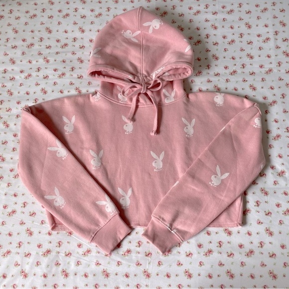 MISSGUIDED - PLAYBOY - Cropped Pink & White Hoodie - Picture 1 of 9